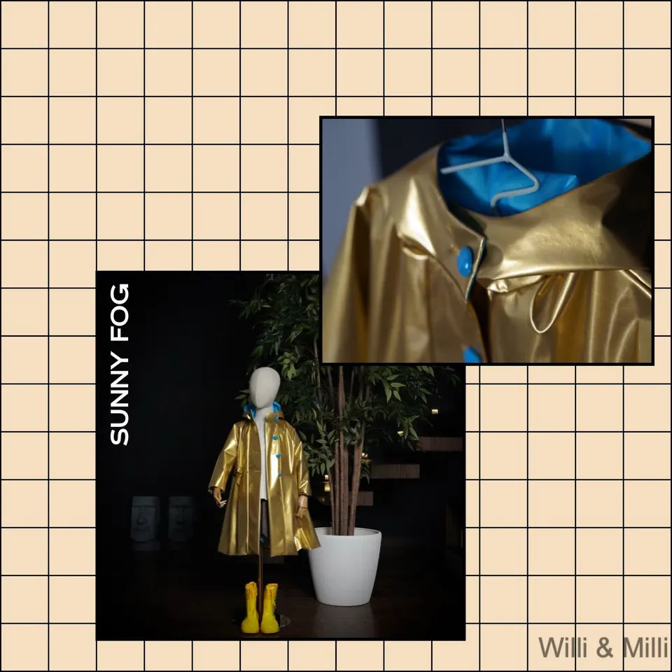 Gold Hooded RainCoat Light Blue Lining And Button