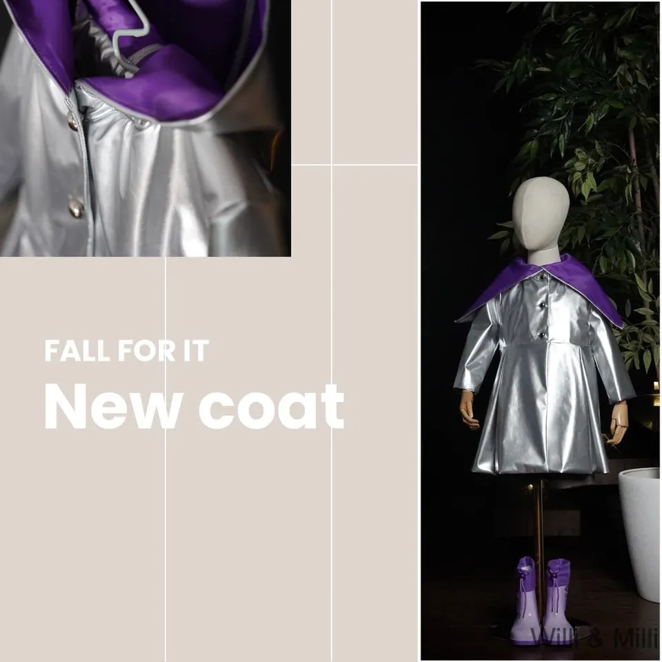 Silver Ziper Hooded RainCoat Purple Lining Button