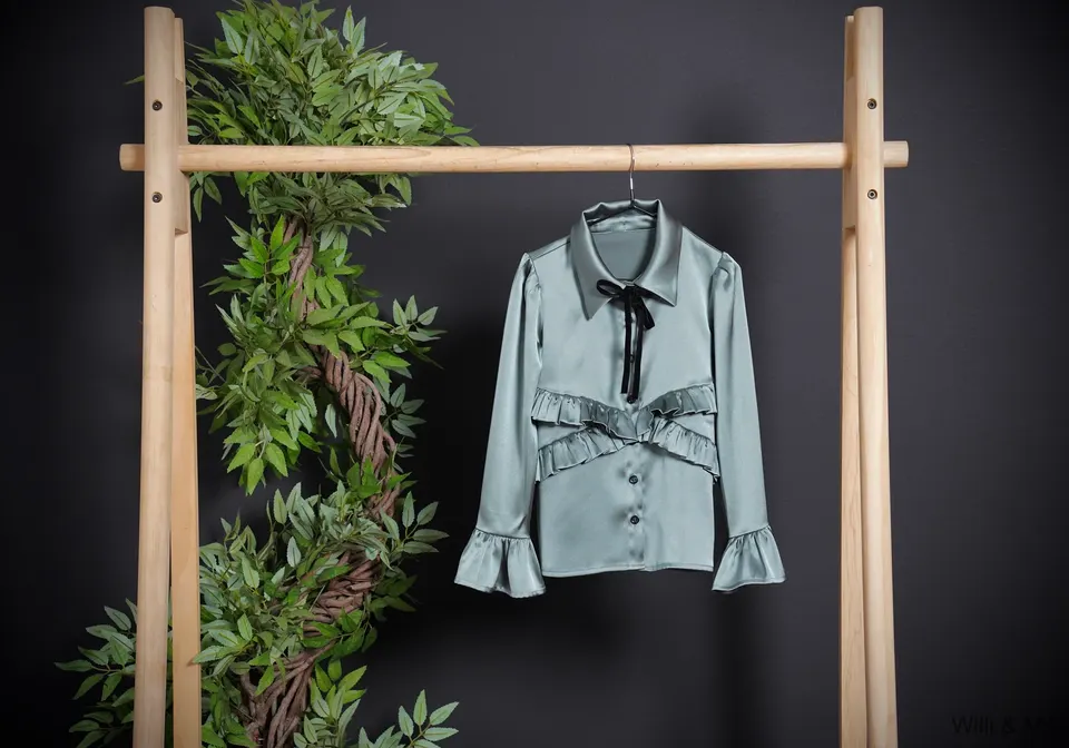 Green Blouse Black Velvet Ribbon Black Button