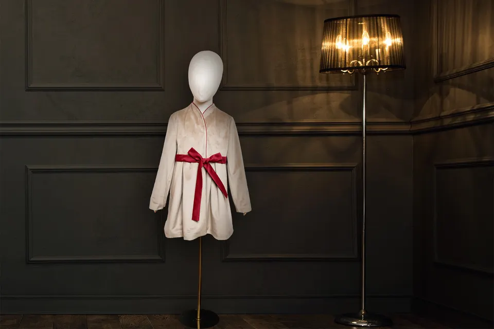 Beige Velvet Coat With Burgundy Ribbon