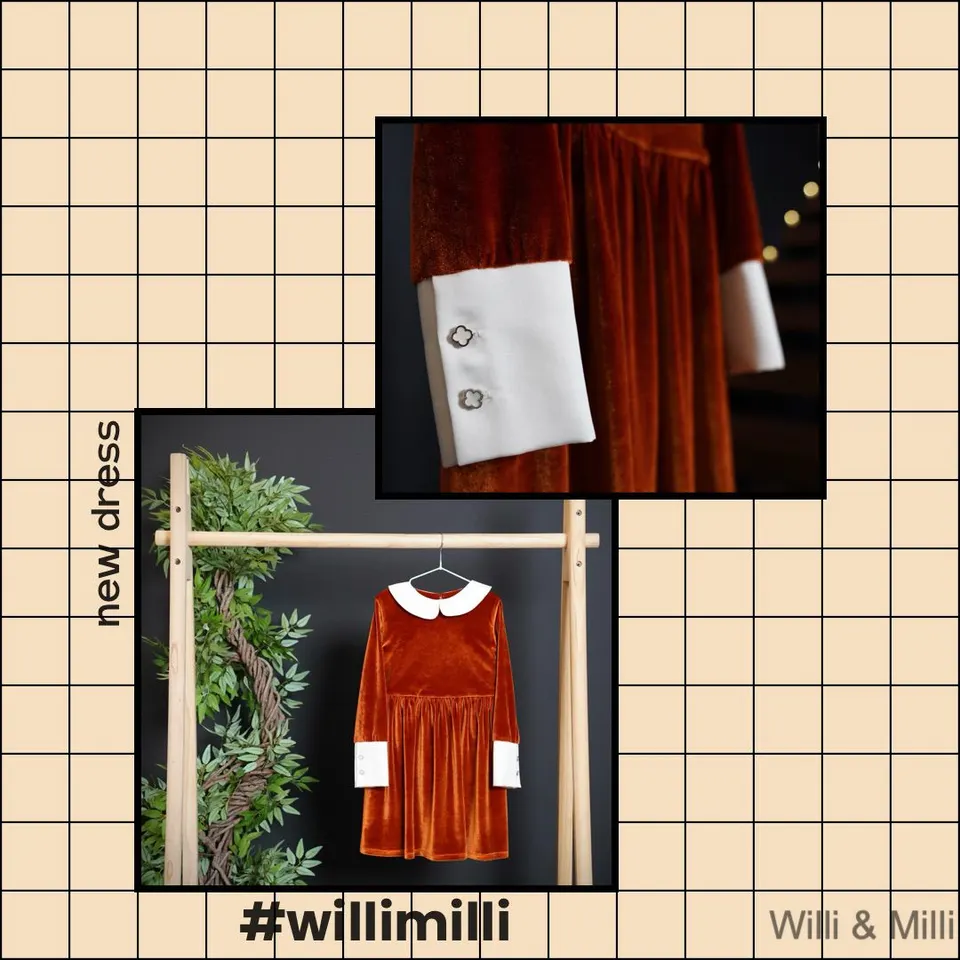 Brick Velvet Dress With White Classic Details
