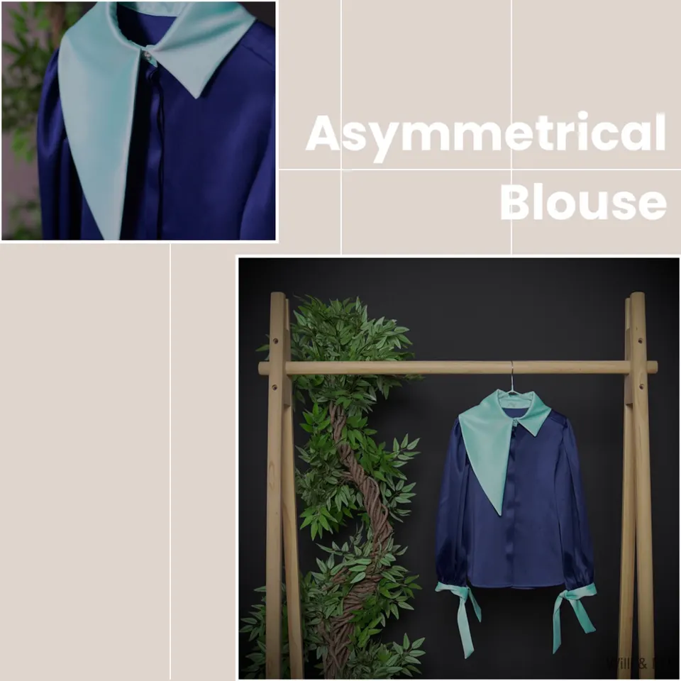 Blouse With Pastel Blue Asymmetrical Collar