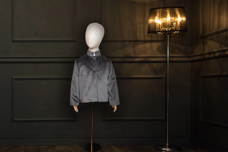 Dark Gray Velvet Jacket Stand-Up Collar