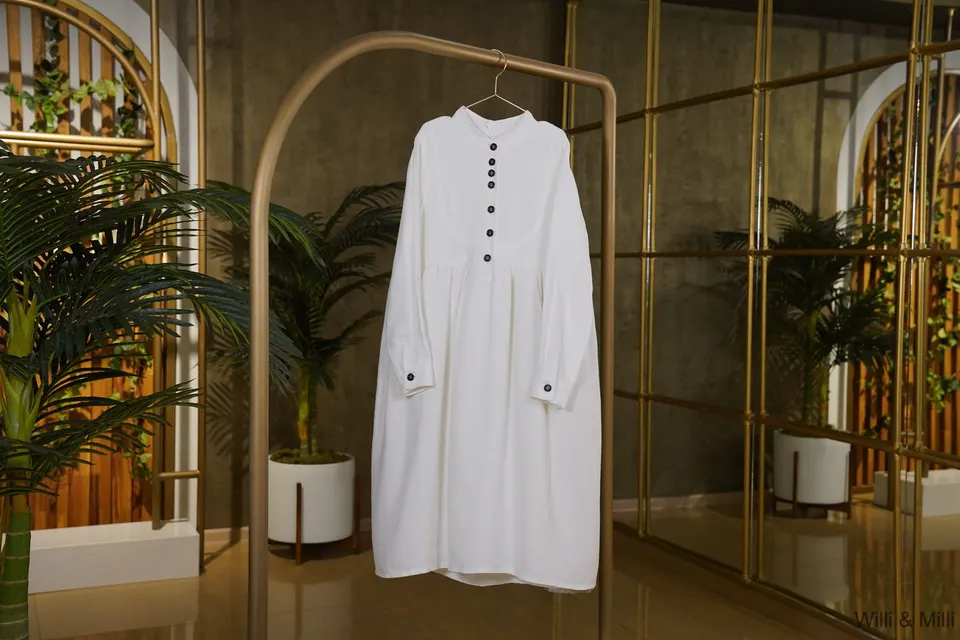 White Linen Fairy Dress With Dark Buttons
