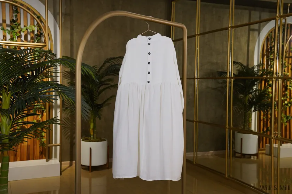 White Linen Fairy Dress With Dark Buttons — photo 2