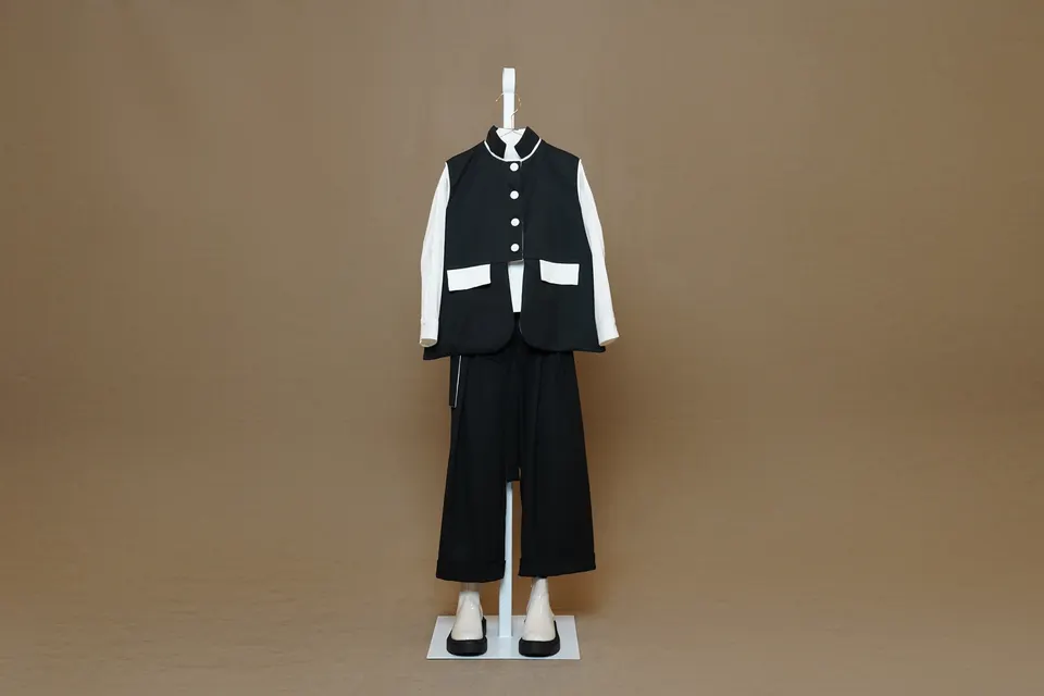 Black Designer Vest With Linen Details