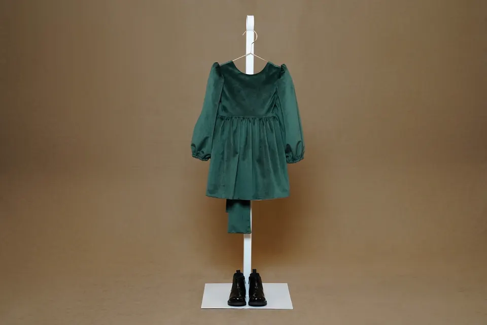 Green Velvet Dress With White Lining & Back Sash-Bow
