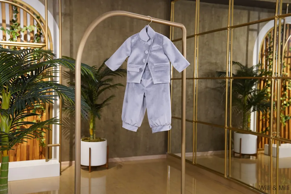 Light Gray Velvet Jacket White Lining & Light Gray Buttons (BOY SET)