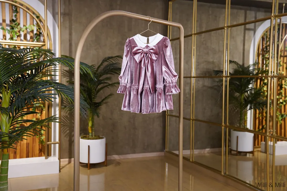 Light Pink Velvet Ruched Dress With French Collar — photo 2