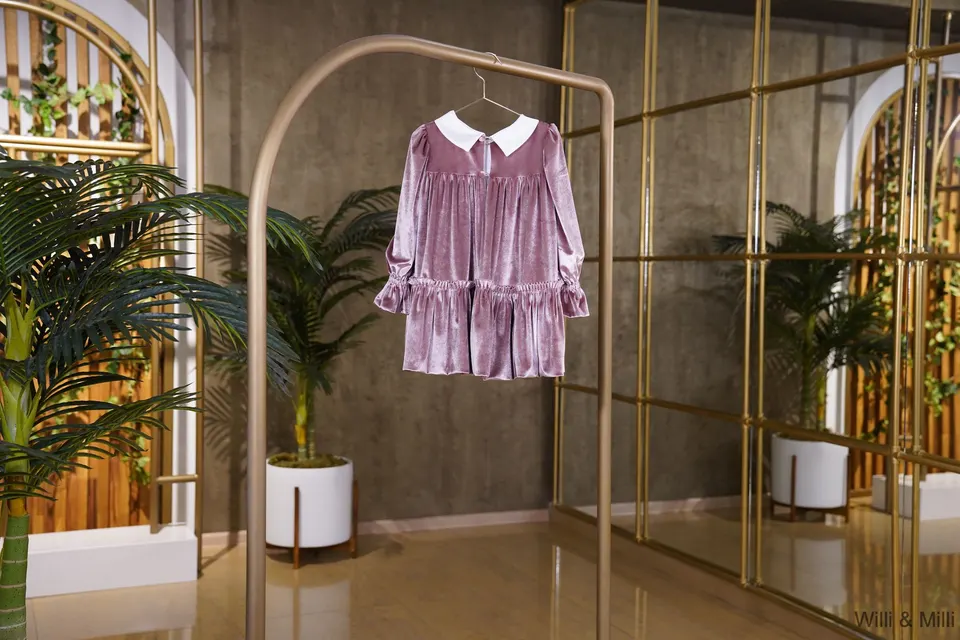 Light Pink Velvet Ruched Dress With French Collar — photo 3