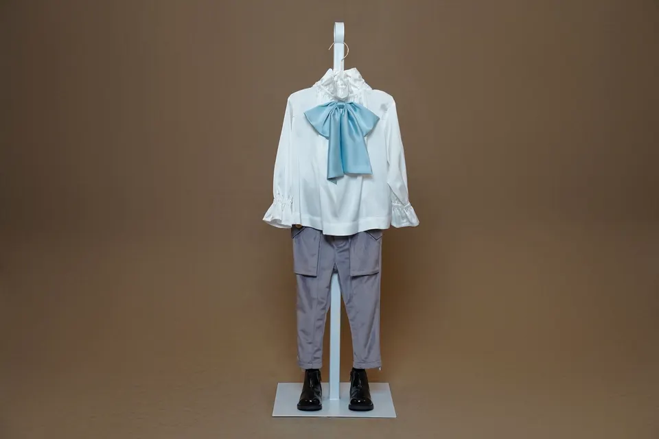 White Silk Blouse With Light Blue Sash-Bow