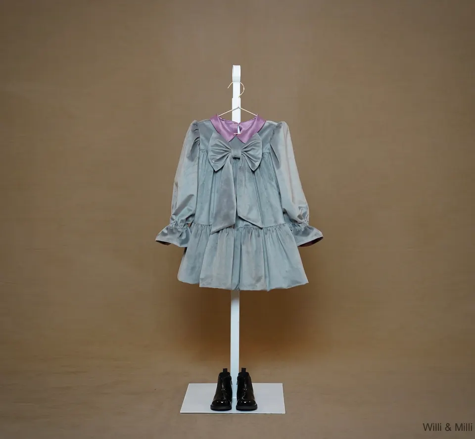Light Gray Velvet Ruched Dress With French Collar