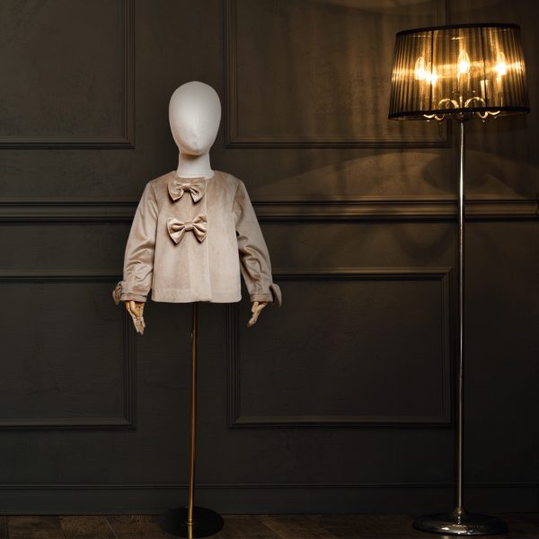 Beige Velvet Coat In Front Sash Bow