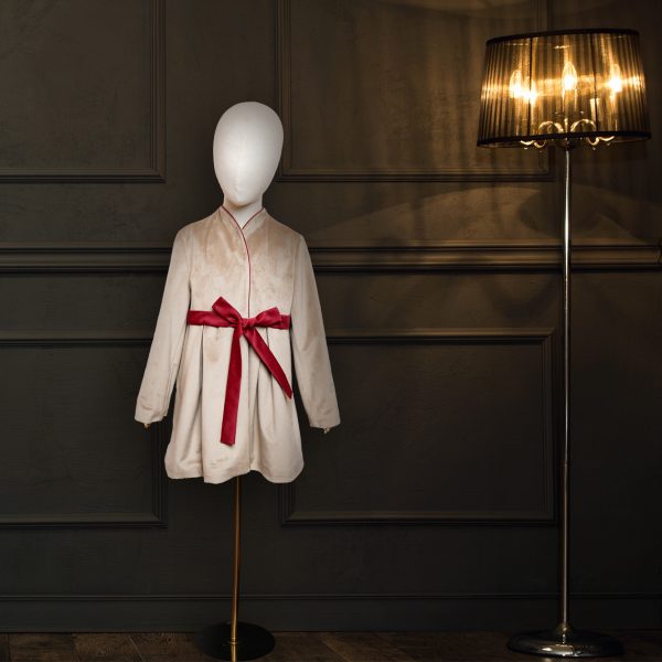 Beige Velvet Coat With Burgundy Ribbon