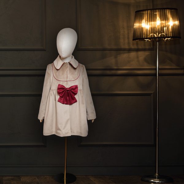 Beige Velvet Coat In Front Burgundy Sash Bow