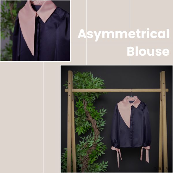 Dark Blue Blouse With Pink Asymmetrical Collar