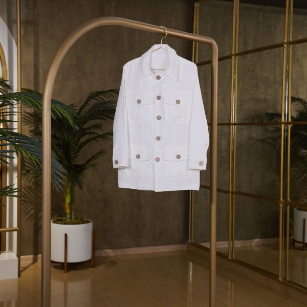 White Linen Jacket With Big Pocket & Classic Details