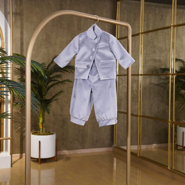 Light Gray Velvet Trousers White Lining & Light Gray Buttons (BOY SET)