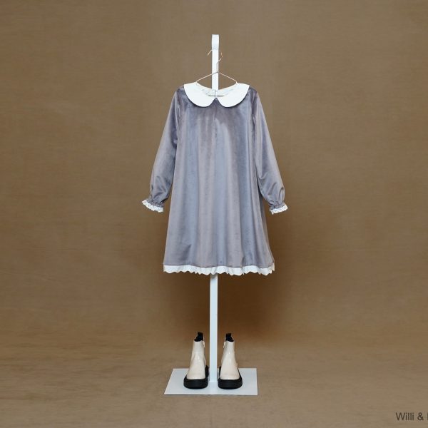 Dark Gray Velvet Dress French Collar